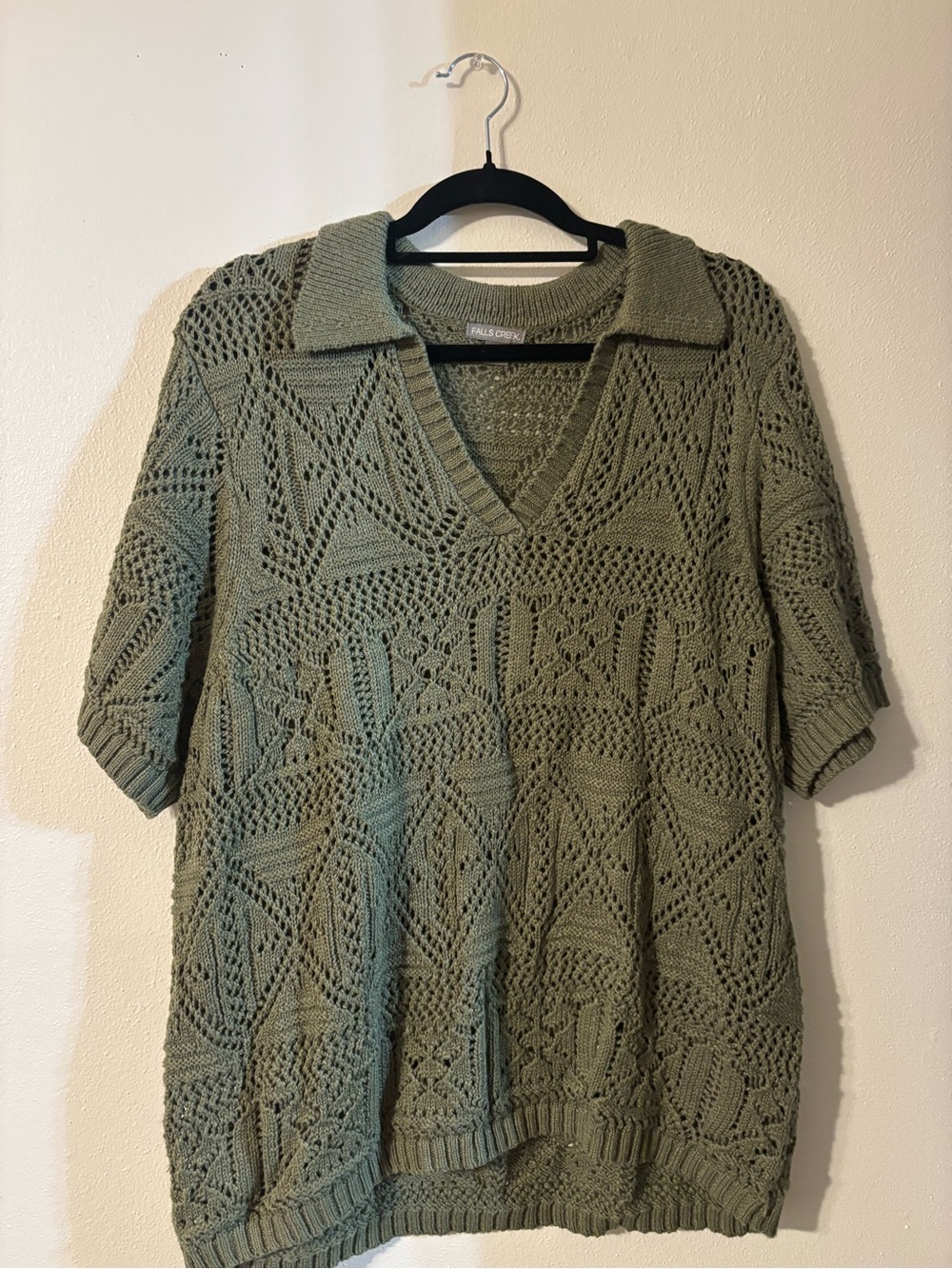 Falls Creek Olive Green Openwork Knit collared top